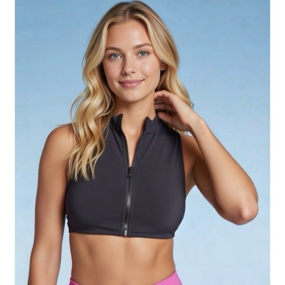 Wild Fable Zip Front Padded Top Womens XL Black High Neck Sporty Swim Active